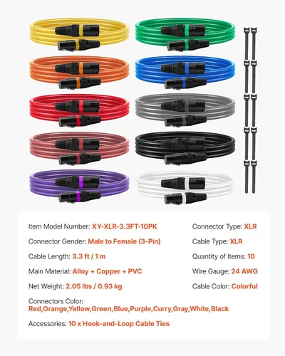 Miniatura 7 de VEVOR Cable XLR de 3.3 pies, paquete de 10 cables de micrófono DMX equilibrados blindados macho a hembra, cable de altavoz de micrófono XLR de 3