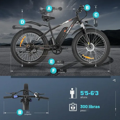 Miniatura 5 de Bicicleta eléctrica de 26" con neumáticos anchos para adultos, 40.2 km/h de velocidad máxima, 750 W, 48 V, batería extraíble de 10.4/13 Ah