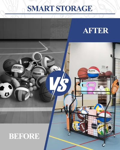 Miniatura 5 de Organizador de almacenamiento de equipos deportivos con ruedas rodantes, carrito de almacenamiento de pelota de garaje para baloncesto, fútbol