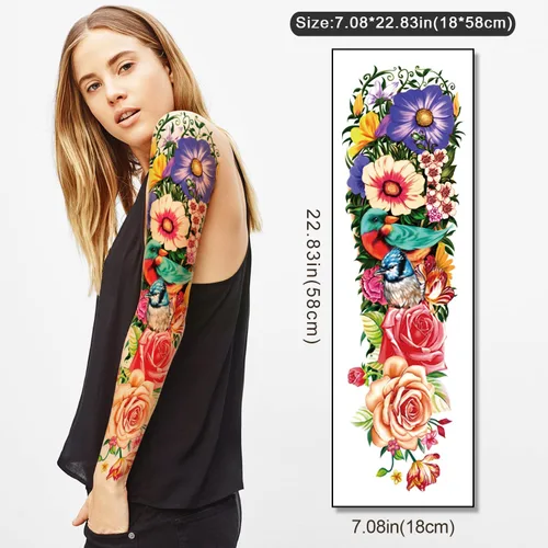 Miniatura 2 de 55 hojas de tatuajes temporales para hombres y mujeres, 8 tatuajes falsos de brazo completo, 17 tatuajes de flores de calavera falsa de medio brazo