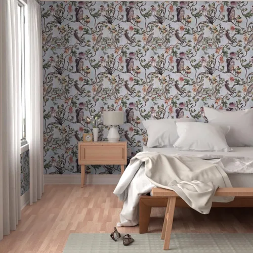 Miniatura 5 de Muestro de papel tapiz removible – Vintage Birds Acuarela Chinoiserie Antiqued of Prey Blue Green Gray Botánico Personalizado Papel pintado