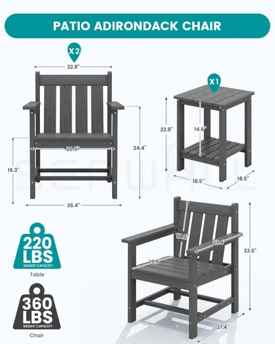 Miniatura 2 de SERWALL - Juego de muebles de patio de 3 piezas estilo bistró, juego de sillas Adirondack para todo clima con mesa auxiliar, juego de muebles de Gris