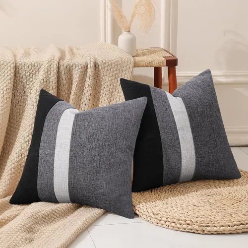 Miniatura 3 de Adabana Juego de 2 fundas de almohadón de lino decorativas con diseño de patchwork cuadrado para sofá, cama, sala de estar, estilo granja, 18 x 18