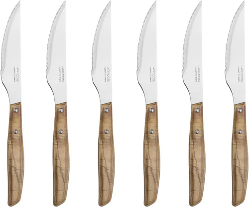 Arcos Juego de 6 cuchillos para carne de 4 pulgadas con borde liso para cortar y filetear carne. Hoja de acero inoxidable y mango de madera. Color