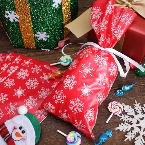 Miniatura 3 de Boao 100 piezas de bolsas de celofán para golosinas de Navidad con copos de nieve, bolsas de dulces para regalos con cinta para la fiesta de Navidad