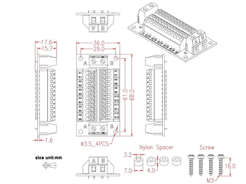 Miniatura 5 de Módulo de distribución de bloque de terminales de 16 amperios CA/CC, 2x12 posiciones