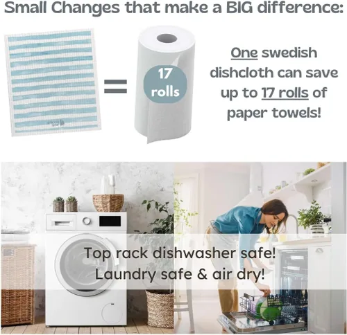 Miniatura 4 de Paquete de 6 paños suecos para cocina, hechos en Suecia, toallas de papel reutilizables, paños de esponja lavables, algodón de celulosa