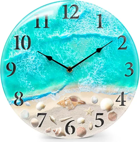 Miniatura 9 de Reloj de pared de cristal náutico costero con diseño de concha marina y tema estético de playa, funciona con pilas, decoración de pared silenciosa