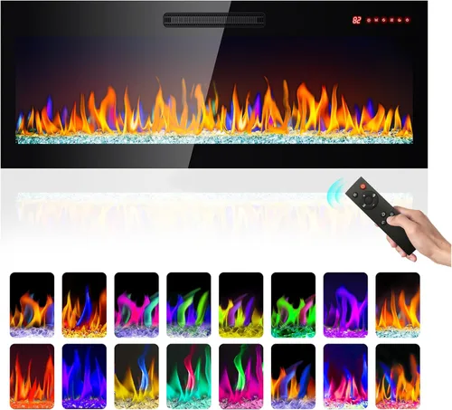 Chimenea eléctrica, 50 pulgadas, empotrada y montada en la pared, calentador eléctrico de 1400 W con controles remotos, 16 colores de llama