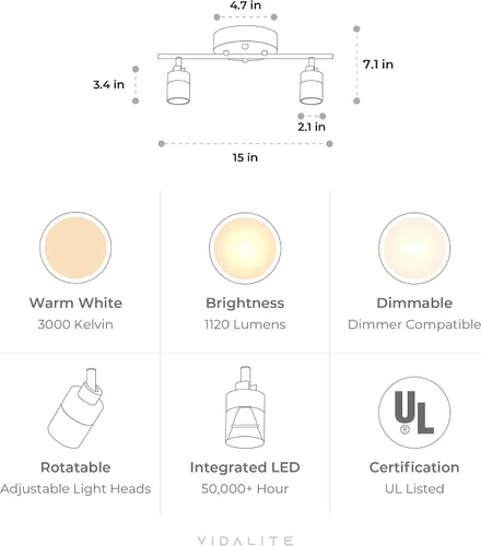 Miniatura 2 de Shura - Luz de pista blanca de 2 luces con cabezales ajustables, bombillas LED integradas, kit de iluminación de riel de 15 pulgadas, luz de techo