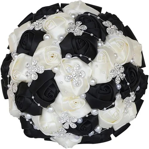 Miniatura 4 de Sharebeauty Ramo de novia de satén hecho a mano de 5.9 pulgadas, ramo de boda, ramo de flores artificiales, color azul claro + blanco W224