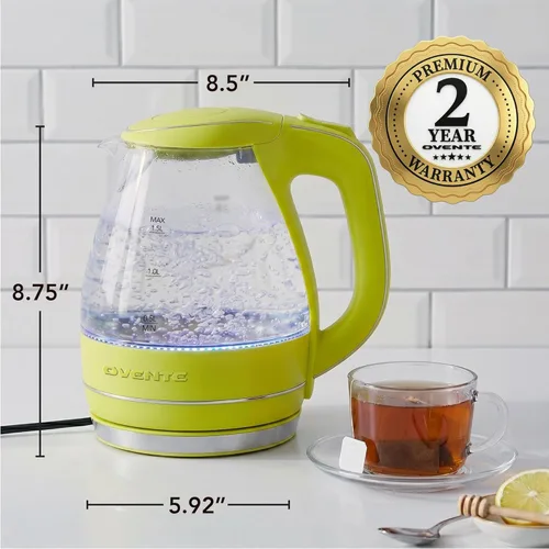 Miniatura 7 de Ovente Tetera de 1.5 litros libre de BPA, cristal, inalámbrica, eléctrica Verde