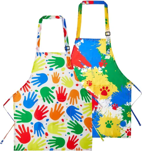 Miniatura 9 de Lictin Paquete de 2 delantales para niños y niñas para cocinar, delantal de arte impermeable con bolsillos para niños, pintar, cocinar, hornear
