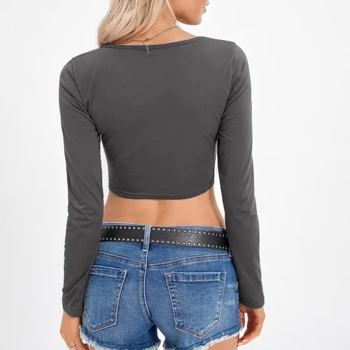 Miniatura 4 de Camiseta básica de manga larga para mujer, cuello cuadrado, ajustada, dobladillo asimétrico, camiseta recortada