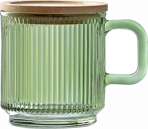 Lysenn Taza de Café de Vidrio con Tapa - Taza de Té de Vidrio Clásica Premium con Rayas Verticales de Alta Calidad - para Latte, Té, Chocolate,