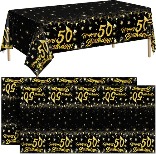 Miniatura 8 de durony Paquete de 2 manteles de cumpleaños, de plástico, color negro y dorado, impermeable, rectangular, para fiestas en interiores o exteriores