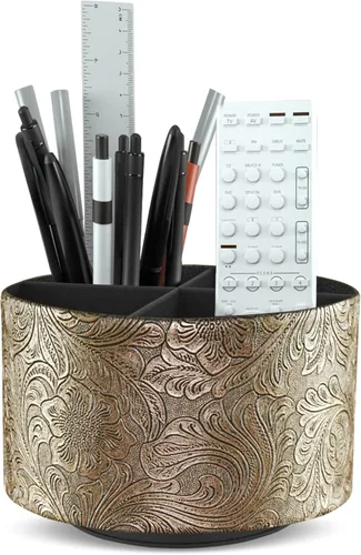 Miniatura 23 de lizimandu Organizador Redondo de Cuero para Suministros de Arte, Soporte para Control Remoto, Rotación de 360 Grados, Soporte Multifuncional