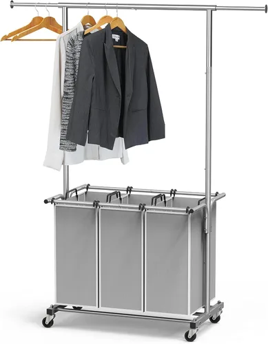 Simple Houseware Clasificador de ropa de 3 bolsas con barra extensible para colgar ropa Plata