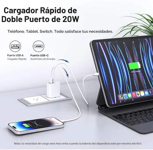 Miniatura 3 de Paquete de 4 bloques de cargador USB C, cargador de puerto USB-C y USB-A de 20 W, para i Phone 17/16/15/14/13/12/11/X/8, i Pad y más Blanco