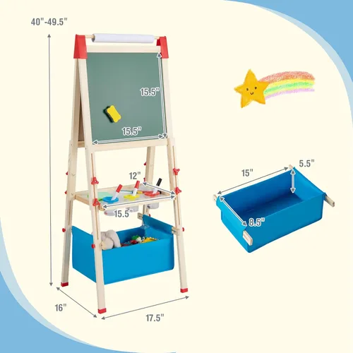 Miniatura 3 de HONEY JOY Caballete para niños, caballete de madera ajustable de doble cara con pizarra magnética y pizarra blanca, rollo de papel, más de 60