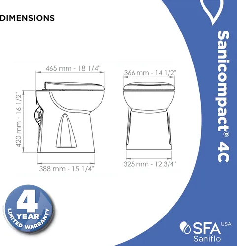 Miniatura 6 de SFA SANIFLO - Sanicompact - Inodoro macerante de doble descarga 4C - Solución de medio baño que ahorra espacio - Asiento de inodoro de cierre suave