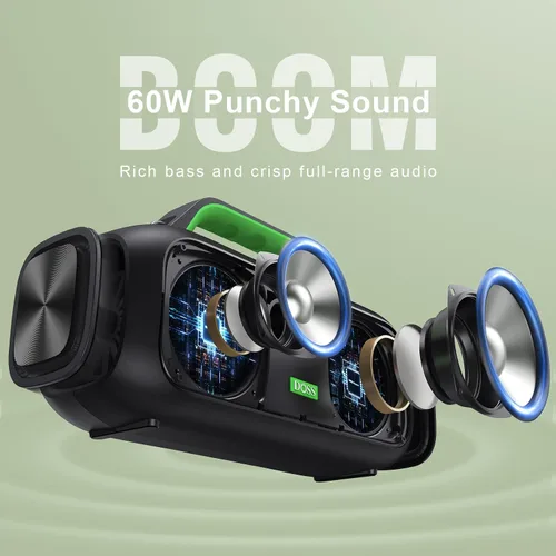 Miniatura 2 de DOSS Extreme Boom - Altavoz Bluetooth para exteriores con sonido potente de 60 W, graves profundos, tiempo de reproducción de 30 horas, USB-C, Verde