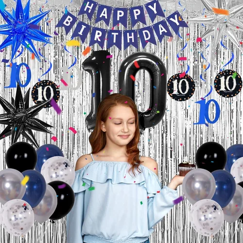 Miniatura 5 de Decoraciones de cumpleaños número 10 para niños y niñas, color azul oscuro, doble dígitos con pancarta de feliz cumpleaños, mantel de globos de 10