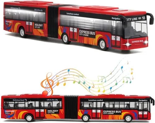 Miniatura 9 de Crelloci Autobús urbano de juguete para niños, vehículos de aleación fundida, autobús eléctrico articulado Metro con sonidos y luces, modelos