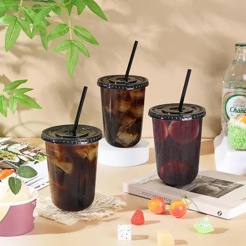 Miniatura 3 de tchrules Juego de 50 vasos de plástico negro de 16 onzas con tapas y pajitas, vaso de café helado desechable con tapa, vasos de plástico de fondo