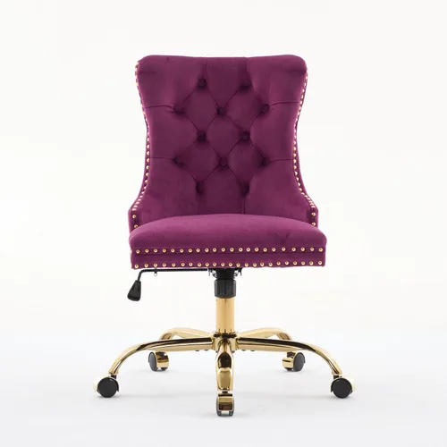 Miniatura 4 de Silla de oficina en casa de terciopelo con base de metal dorado y ribete de cabeza de clavo, moderna silla de trabajo tapizada giratoria tapizada