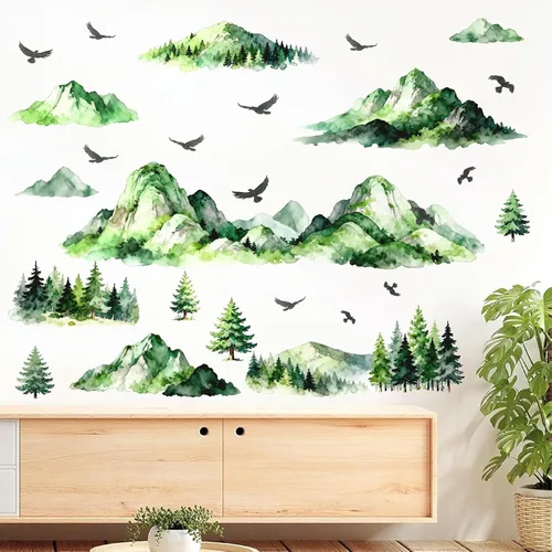 Miniatura 3 de Calcomanías de Pared de Montaña y Árbol Acuarela Calcomanías de Pared de Montaña Despegables y Adhesivas Aves Voladoras Árboles de Pino Verde
