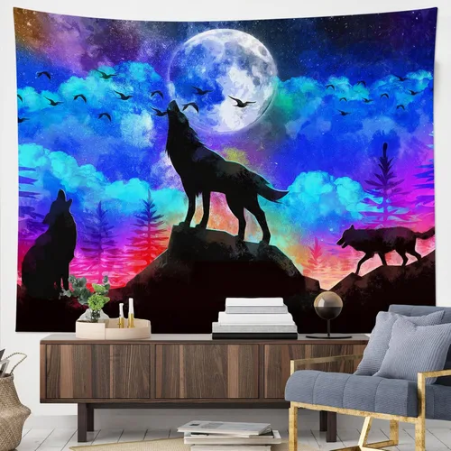 Miniatura 2 de HVEST Tapiz de lobo, tapiz de bosque psicodélico, tapiz para colgar en la pared, tapices de luna, animales salvajes, decoración de habitación, manta