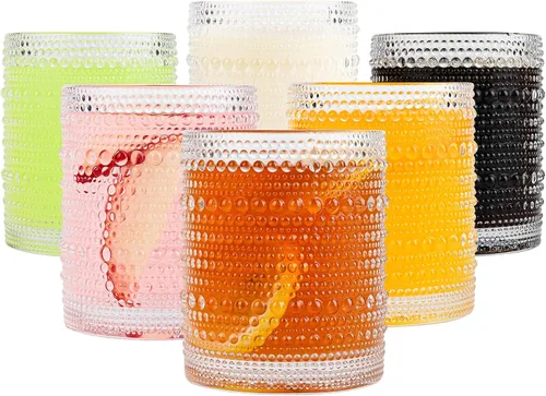 Miniatura 8 de ZMOWIPDL Juego de vasos de vidrio vintage de 6 vasos de vidrio de hobnail de 15 onzas, vaso de agua azul en relieve, para cerveza, cóctel, whisky