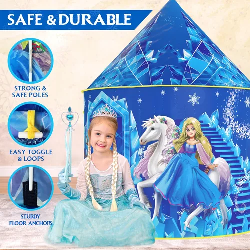 Miniatura 5 de W&O Tienda de campaña de princesa congelada para niñas con botón de sonido mágico, luces LED, corona y varita – Tienda de campaña congelada