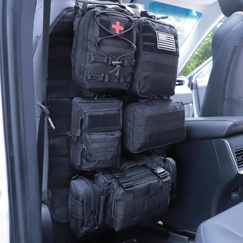 Miniatura 20 de Organizador táctico universal para respaldo de asiento, panel Molle para vehículo, bolsa de almacenamiento con 5 bolsas Molle desmontables