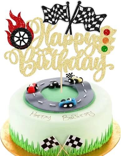 Miniatura 8 de Gyufise 1 pieza de decoración de pastel de cumpleaños con dos banderas negras con purpurina a cuadros para coche de carreras de 2º cumpleaños