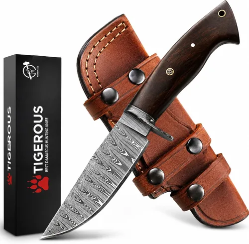 Cuchillo de caza de Damasco hecho a mano con funda de cuero de transporte horizontal, hoja fija de espiga completa para camping, senderismo,