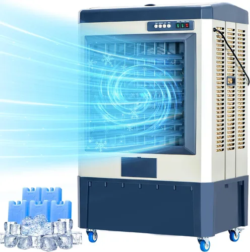 Miniatura 7 de Uthfy 8979 CFM - Enfriador de aire evaporativo de 58 pulgadas con tanque de agua de 36 galones, 5 cajas de hielo, oscilación de 120°, aire Azul