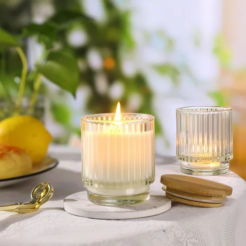 Miniatura 5 de DEVI Frascos de Velas de Vidrio Transparente Acanalado Vacíos de 7 oz para Hacer Velas, Juego de 8, Frascos de Velas de Vidrio con Tapas de Bambú