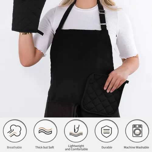 Miniatura 6 de Juego de delantales de 3 piezas; delantal de cocina ajustable, guantes de horno resistentes al calor, soporte para ollas I 482 °F I Delantales