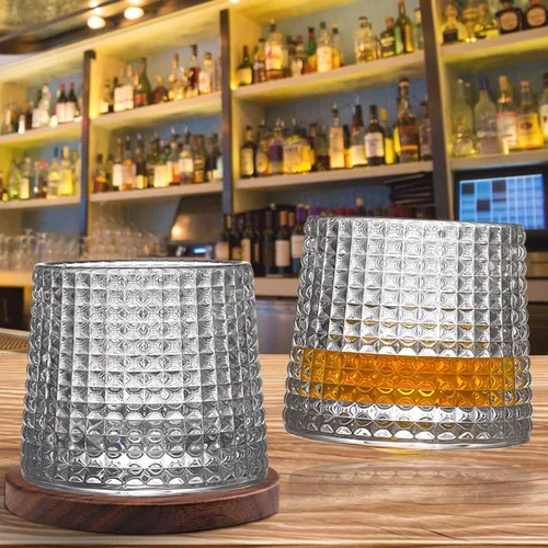 Miniatura 3 de Juego de 2 vasos de whisky giratorios, vasos de cristal con 2 posavasos creativos de nogal y caja de regalo, para escocés, bourbon, cócteles