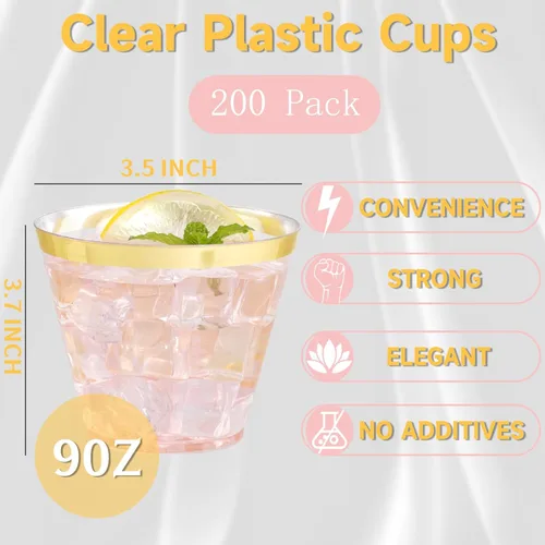 Miniatura 2 de WELLIFE 200 piezas de vasos de plástico dorados, vasos de plástico transparentes de 9 onzas, vasos de vino desechables, vasos de cóctel de plástico