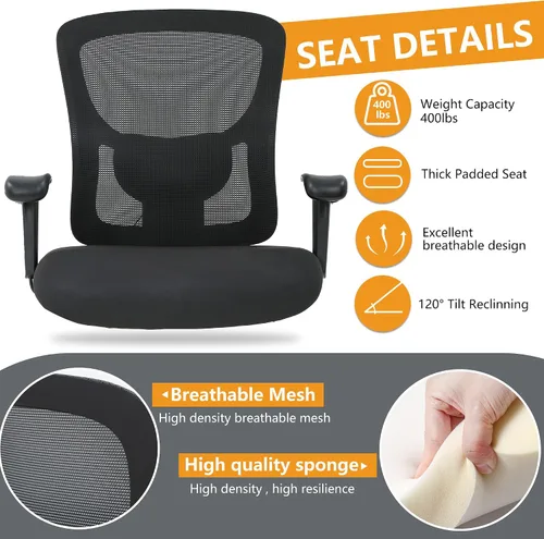 Miniatura 6 de Silla de escritorio ergonómica, silla de oficina, silla de computadora de 500 libras con soporte lumbar, asiento ancho, brazos ajustables