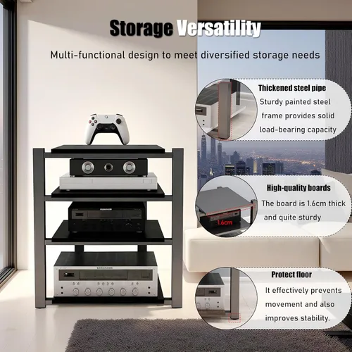 Miniatura 4 de Av - Estante de audio resistente, soporte para reproductor multimedia con estantes de madera, gabinete de equipo estéreo de CD negro, adecuado