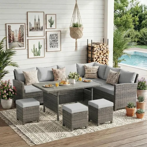 Wisteria Lane 7 Piece Patio Furniture Set, High Curved Back Wicker Outdoor Dining Set, All Weather Patio Sectional, Outdoor Furniture Patio