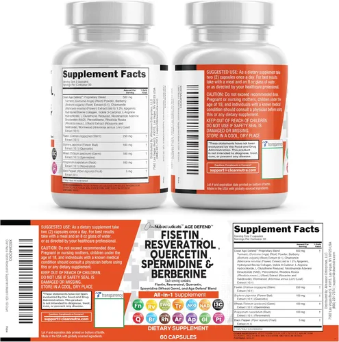 Miniatura 9 de Clean Nutraceuticals Fisetina Quercetina Resveratrol con Espermidina Extracto de Germen de Trigo - Suplemento de Salud para Adultos Longevidad