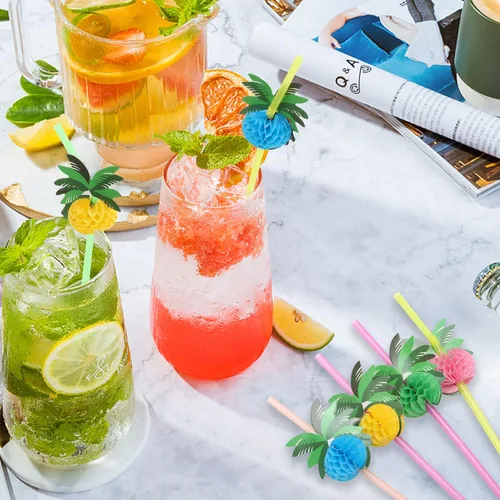 Miniatura 5 de 100 unidades de pajitas de árbol de coco, pajitas desechables de plástico en forma de panal, suministros para decoración de fiesta tropical hawaiana