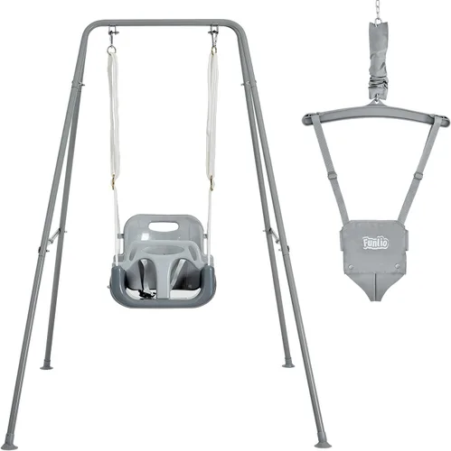 FUNLIO Juego de columpio 2 en 1 para niños pequeños y bebés, columpio y hamaca resistente para niños con 4 bolsas de arena, soporte metálico Gris