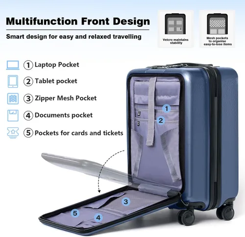 Miniatura 3 de Krute Equipaje de mano con compartimento de bolsillo ABS PC Hard Shell Maletas con ruedas, Azul marino