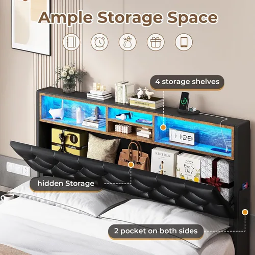 Miniatura 4 de HAUOMS Base de cama Queen con cabecera de 3 niveles y almacenamiento oculto, marco de cama LED tapizado con 4 cajones y estación de carga, marco